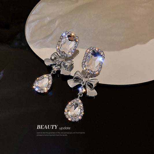 Silver Needle With Diamonds Geometric Bow Drop Earrings Exaggerated