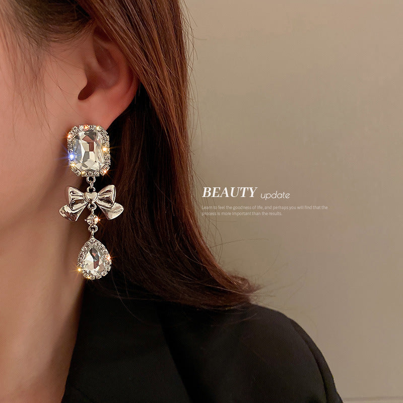 Silver Needle With Diamonds Geometric Bow Drop Earrings Exaggerated