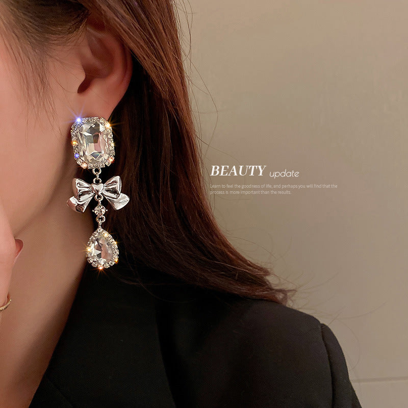 Silver Needle With Diamonds Geometric Bow Drop Earrings Exaggerated